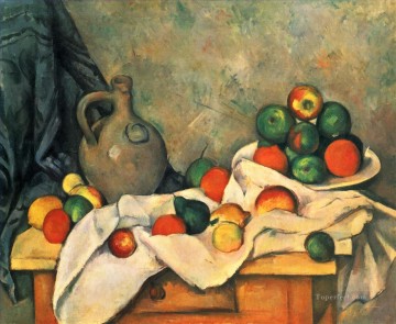  jarra Pintura - Jarra de cortina y fruta Paul Cezanne